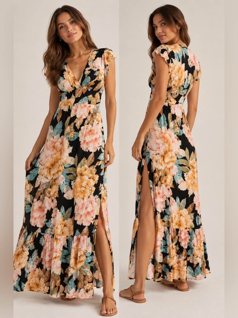O’Neill Floral Maxi Dress Small Side Slit Ruffle Boho Tropical Print